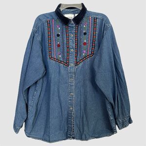 Casey Max Boho Denim Velvet Collar Top Size  XL Embroidered Cottage Country Folk